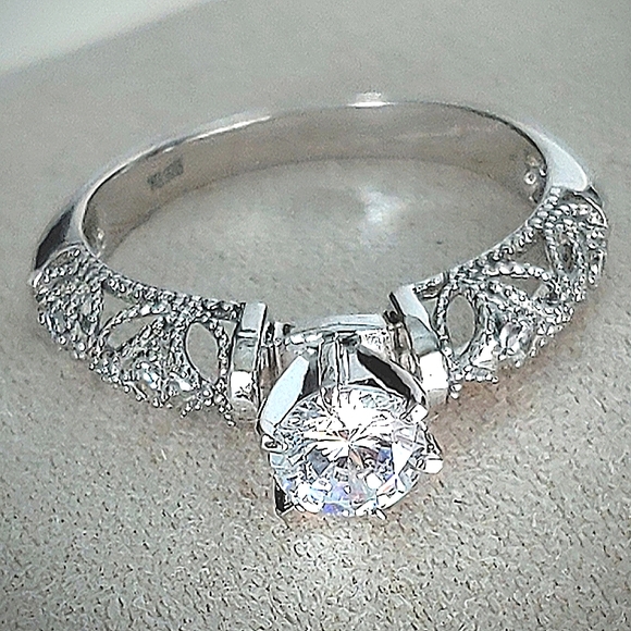 Vintage Style Sterling Silver Filigree Bridal Ring Set CZ Milgrain Details 925 - Picture 8 of 12